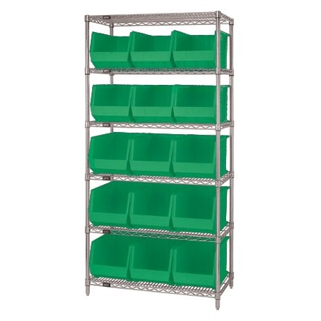 Bsc Preferred 36 x 18 x 74'' - 6 Shelf Wire Shelving Unit with 15 Green Bins WSBQ260G
